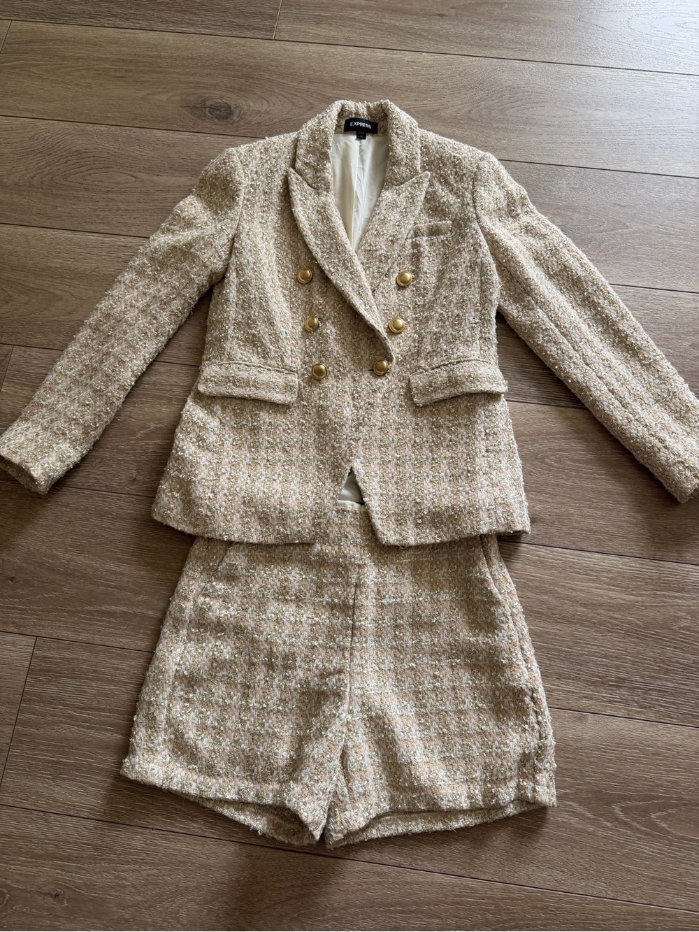 Zara Cream-Beige Tweed Double-Breasted Blazer & Shorts Set
